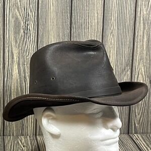 Henschel Hat Co Leather Cowhide Outback Hat Men M Brown Vtg Distressed Western